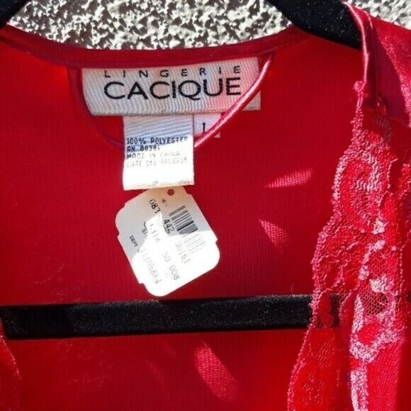 Vintage CACIQUE LINGERIE ROBE LG RED LACEY WRAP ROBE KIMONO NWT Dead Stock - Picture 6 of 13